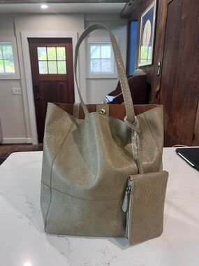 Leather Tote Bag with Removable Pouch - Taupe